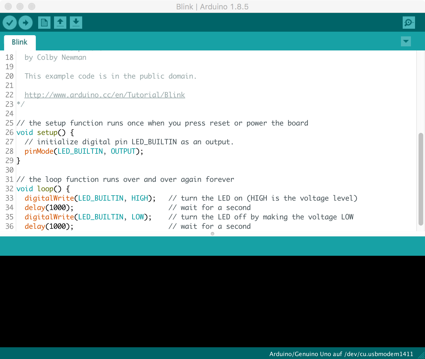 Die Arduino-IDE mit dem Blink-Sketch.